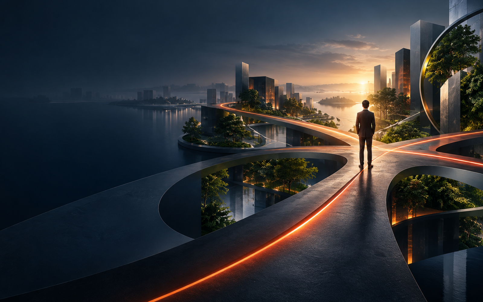 A leader moving through intersecting paths that evoke strategy, sustainability and progress